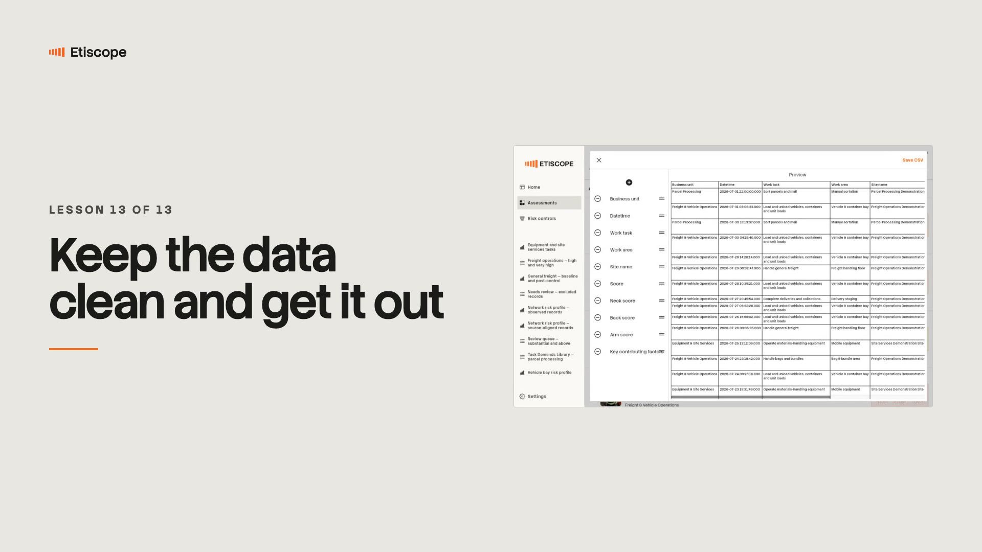 Video poster for lesson 13, Keep the data clean and get it out